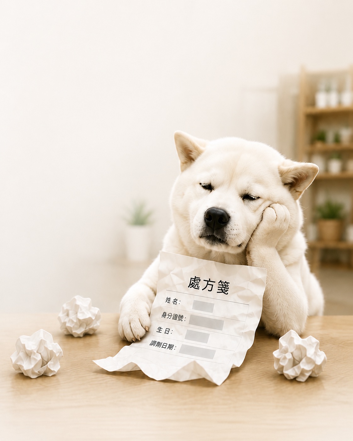 疲累的白色秋田犬認真查看一張皺掉的處方箋